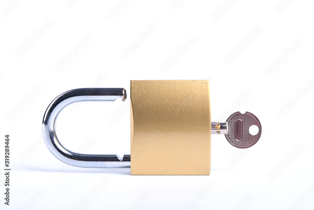Locked Golden Padlock with keys on the white background. Locked Golden Padlock with keys on the white background.