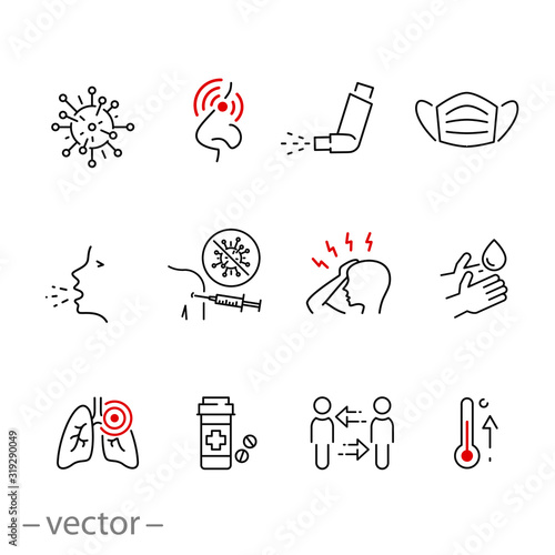 symptom cold virus icon set, infection flu, methods of protection and treatment influenza or pneumonia, thin line web symbols on white background - editable stroke vector illustration eps10