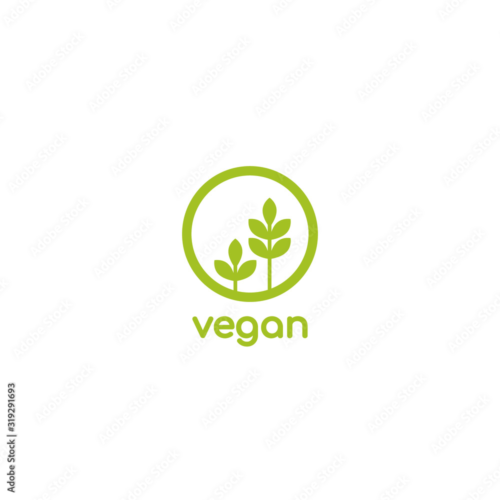 Vegan, veggie product label. Green leaves in circle icon.