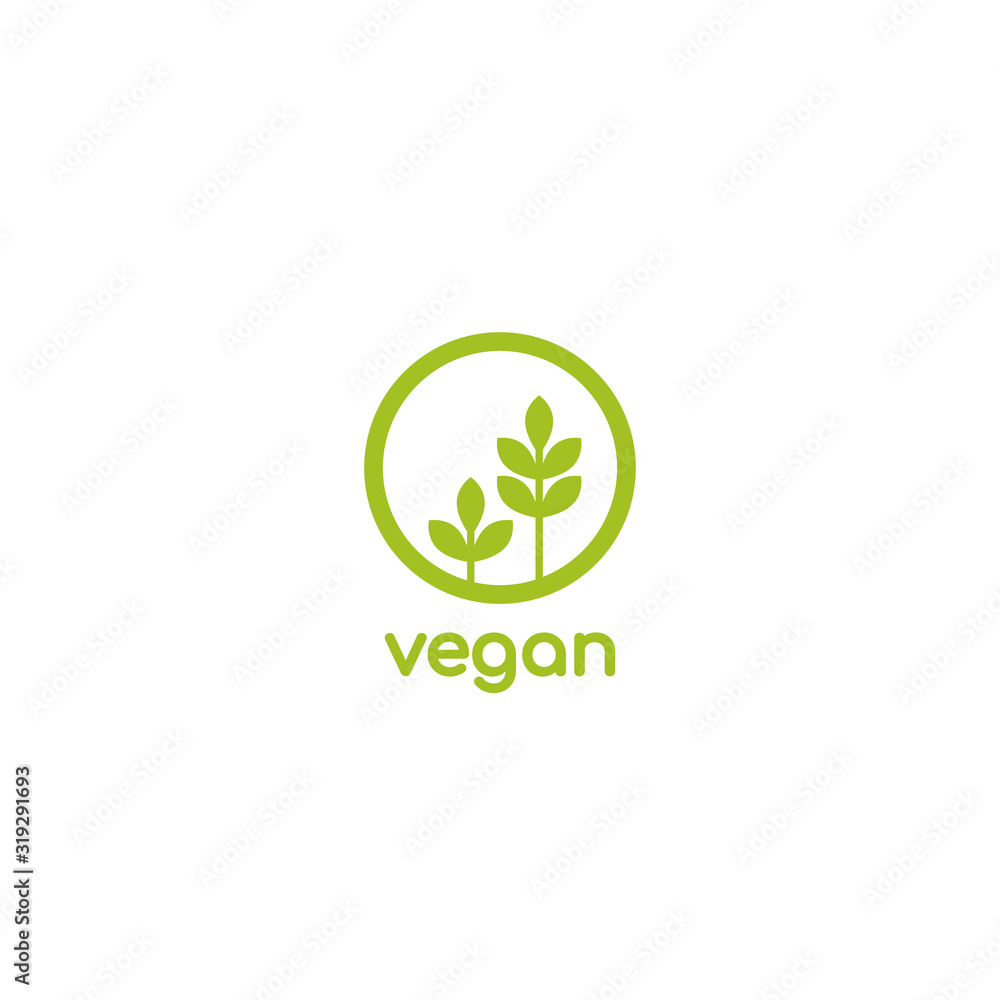 Vegan, veggie product label. Green leaves in circle icon. Vegan, veggie product label. Green leaves in circle icon.