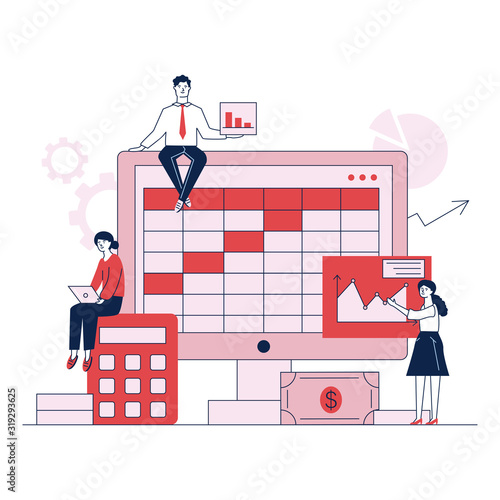 Preparation for bookkeeping or annual report vector illustration. Accountants making analyses, calculations, and balance sheet with software concept for presentation