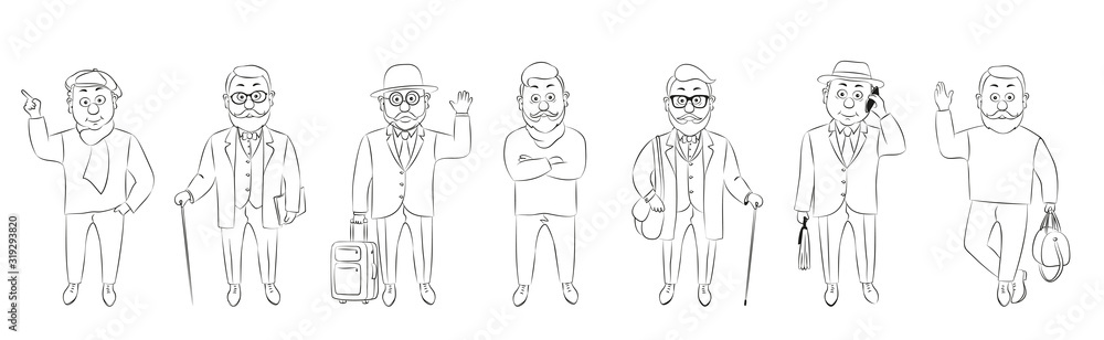 Stylish businessmen set. Cartoon male characters in different poses.Old men in fashion clothes.Vector illustration of a linear silhouette on a white background. Stylish businessmen set. Cartoon male characters in different poses.Old men in fashion clothes.Vector illustration of a linear silhouette on a white background.