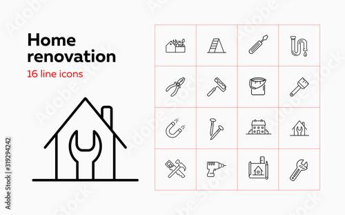 Home renovation line icon set. Tool box, painting roller, house. Construction concept. Can be used for topics like decorating, housekeeping, repair