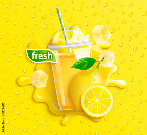 Fresh lemon juice with ice and fruits, splash and apteitic drops from condensation on background, for brand,logo, template,label,emblem,store,packaging,advertising.Vector illustration.