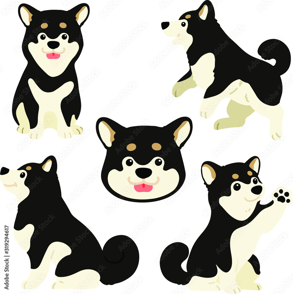 Set of flat colored cute black Shiba Inu illustrations 