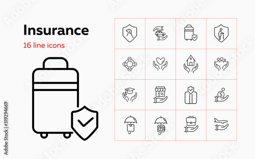 Insurance icon set. Set of line icons on white background. House, car, education, protection.Safety and insurance concept. Vector illustration can be used for topics like insurance, economy, lifestyle
