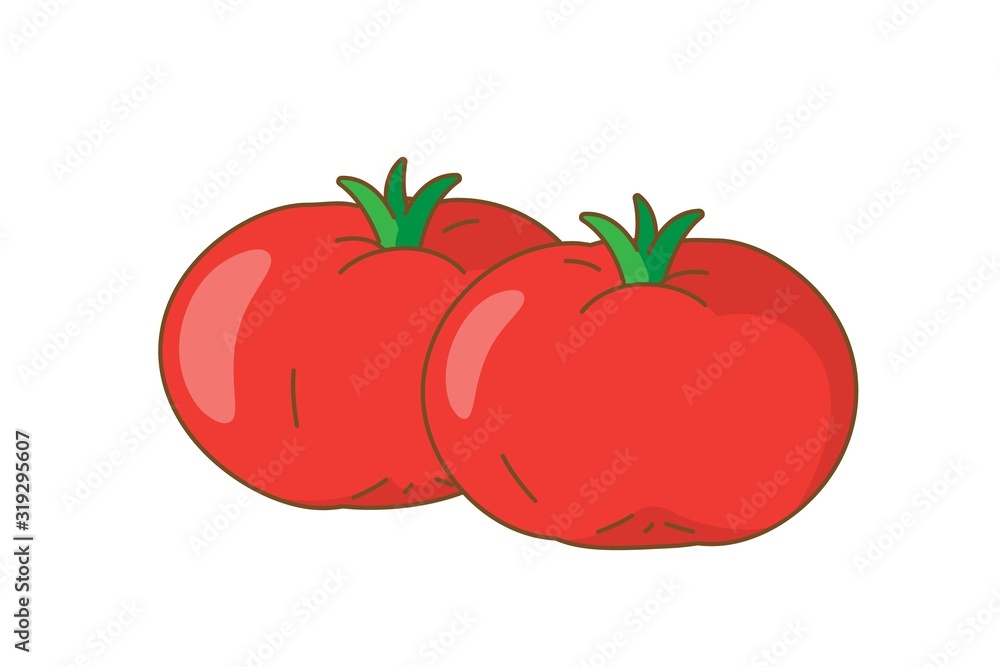 Two red tomatoes. Cartoon vector illustration. May use for sticker or web application. Flat style picture isolated on white background. Two red tomatoes. Cartoon vector illustration. May use for sticker or web application. Flat style picture isolated on white background.