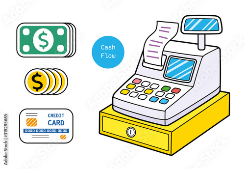 Cash register, banknotes and coins money, credit card isolated.