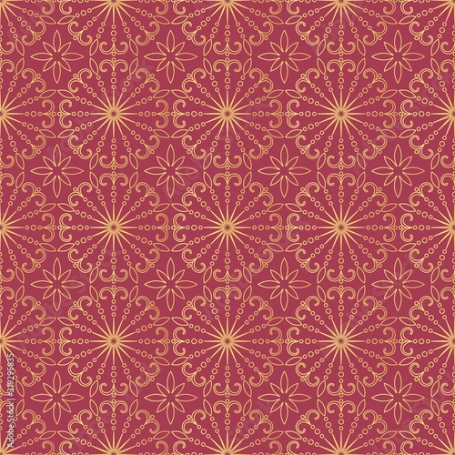 Decorative seamless pattern vector with openwork ornament on a dark moderate red background. Abstract pattern for design cards, invitations, wallpaper, wrapping paper.