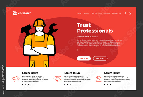 Trust professionals support builder repair service website landing page design template. Man husband for hour worker in helmet with wrench and hammer. Ordering labor master vector illustration