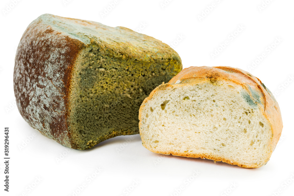 Mouldy bread on a white background. Expired pastries Mouldy bread on a white background. Expired pastries