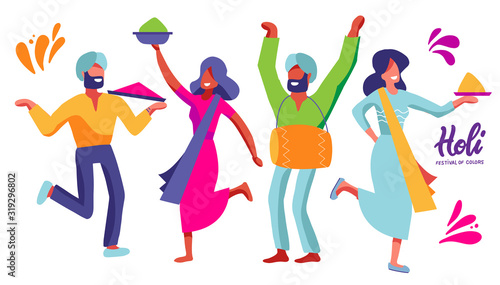 Set of indian dancers of the festival of colors. Carnival women and men characters. Design element for holi party. Vector flat illustration.