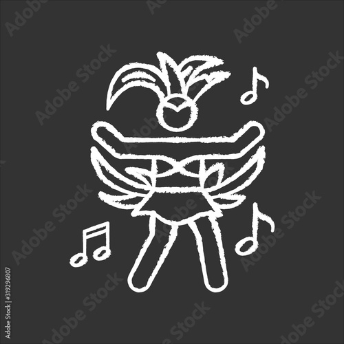 Dancing lady chalk white icon on black background. Samba. Womens carnival costume. Ethnic festival. National holiday. Masquerade parade. Isolated vector chalkboard illustration