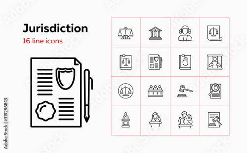 Jurisdiction line icon set. Courthouse, judge gavel, scale. Law concept. Can be used for topics like justice, court, crime