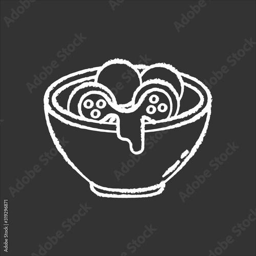 Cheese bread chalk white icon on black background. Arancini. P?o de queijo. Brazilian traditional food. National cuisine. Bakery product. Brazil meal. Isolated vector chalkboard illustration