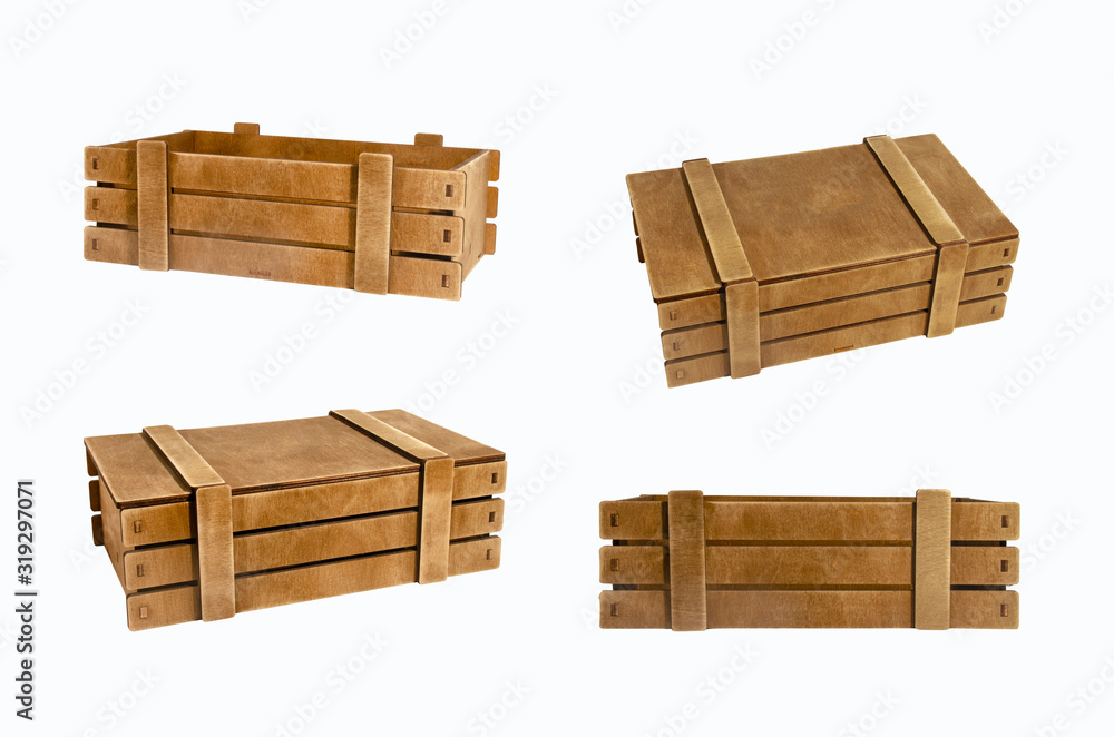 Set of wooden boxes isolated on a white background. Set of wooden boxes isolated on a white background.