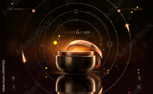 Luxury cosmetic black and gold night cream jar for skin care products. Facial cream. Beautiful flyer or banner design for cosmetic ads. Elegant cosmetic premium cream template. Makeup brand.