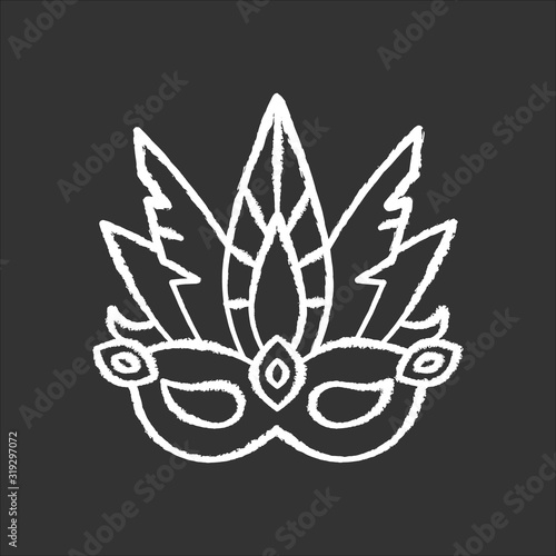 Masquerade mask chalk white icon on black background. Traditional headwear with plumage. Ethnic festival parade. National holiday. Isolated vector chalkboard illustration