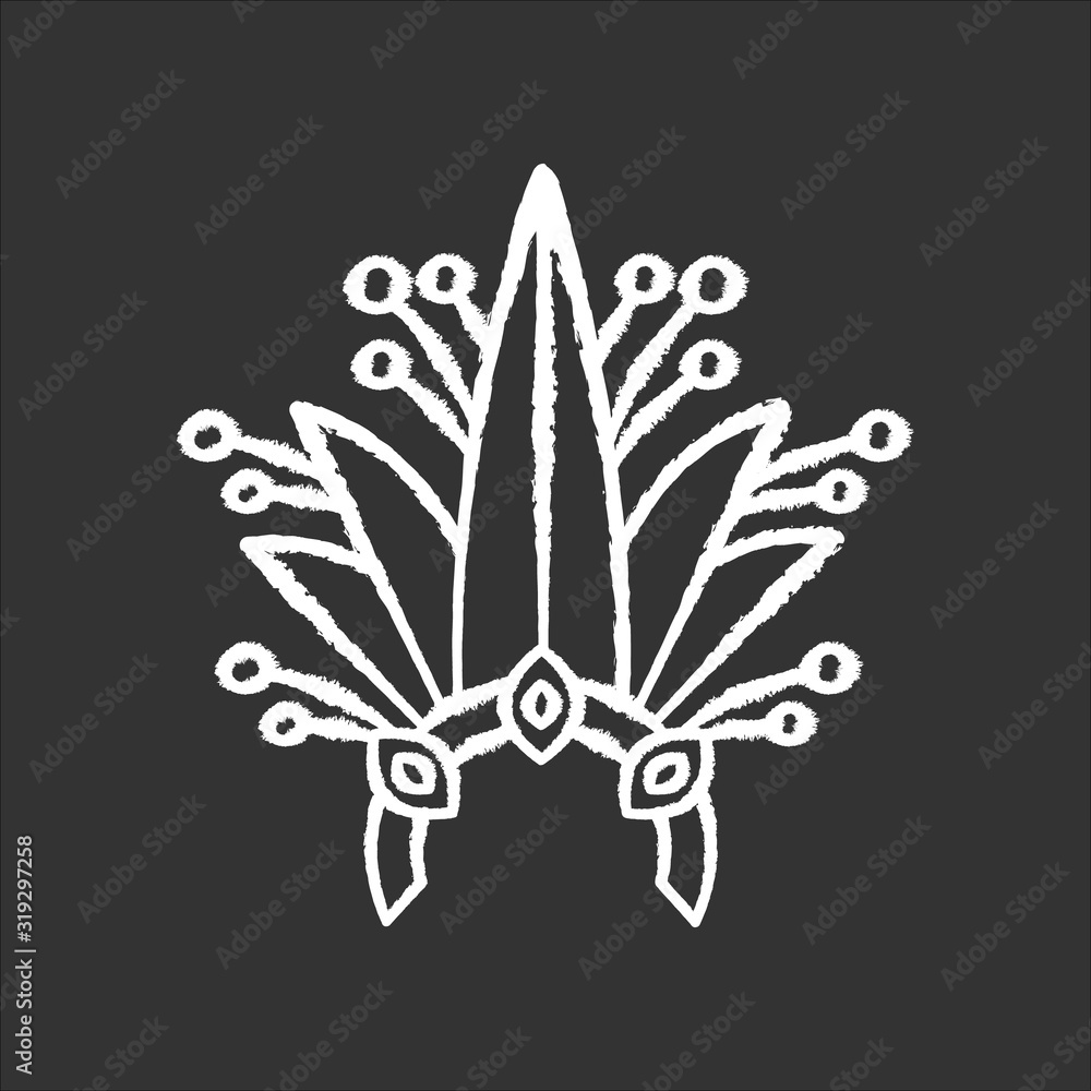 Brazilian carnival headwear chalk white icon on black background. Crown with plant leaves and jewels. Traditional wear. Ethnic festival. Masquerade parade. Isolated vector chalkboard illustration