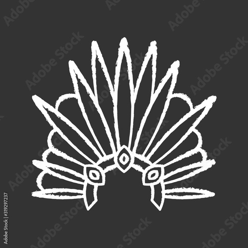 Brazilian carnival headwear chalk white icon on black background. Crown with plumage and jewels. Traditional wear. National holiday. Masquerade parade. Isolated vector chalkboard illustration