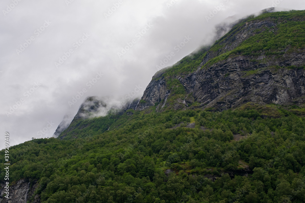 view over the fjord and mountains in Geiranger, Norway. July 2019