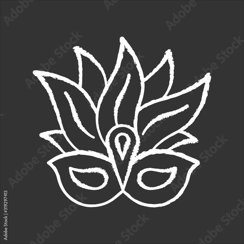 Masquerade mask chalk white icon on black background. Traditional headwear with plumage. Brazil ethnic festival. National holiday parade. Isolated vector chalkboard illustration
