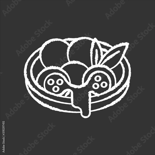 Cheese bread chalk white icon on black background. Arancini. P?o de queijo. Brazilian traditional food. National cuisine. Bakery product in plate. Brazil meal. Isolated vector chalkboard illustration