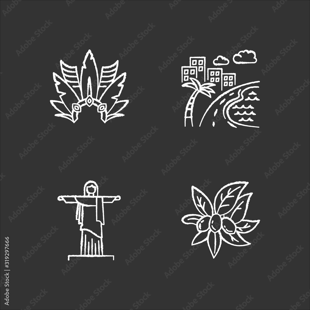 Brazil chalk white icons set on black background. Crown, plumage. South America cityscape. Christ the Redeemer. Religion sculpture. San Paulo. Rio de Janeiro. Isolated vector chalkboard illustrations