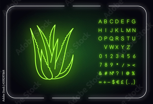 Aloe vera neon light icon. Succulent sprouts. Medicinal herb for skincare. Decorative plant. Outer glowing effect. Sign with alphabet, numbers and symbols. Vector isolated RGB color illustration