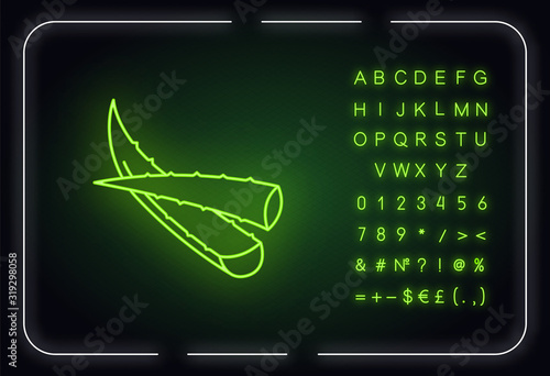 Aloe vera neon light icon. Cut succulent leaves. Sliced cactus thorns. Medicinal herbs. Outer glowing effect. Sign with alphabet, numbers and symbols. Vector isolated RGB color illustration