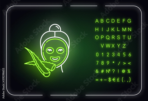 Face sheet mask neon light icon. Female spa treatment. Healthy skincare with plant extract. Outer glowing effect. Sign with alphabet, numbers and symbols. Vector isolated RGB color illustration