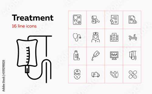 Treatment icons. Set of line icons. Surgeon, hospital, icu room, medication. Medical service concept. Vector illustration can be used for topics like healthcare, medicine, medical equipment