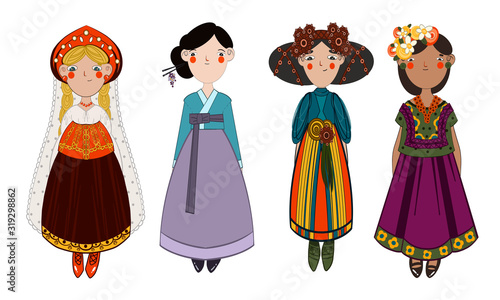 Women wearing stylish various national costumes vector illustration