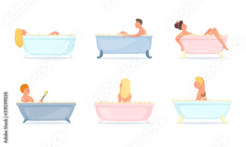 Men and women taking bath and relaxing vector illustration