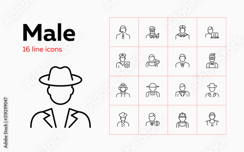 Male line icon set. Blue collar, farmer, police officer, businessman. People concept. Can be used for topics like job, occupation, labor