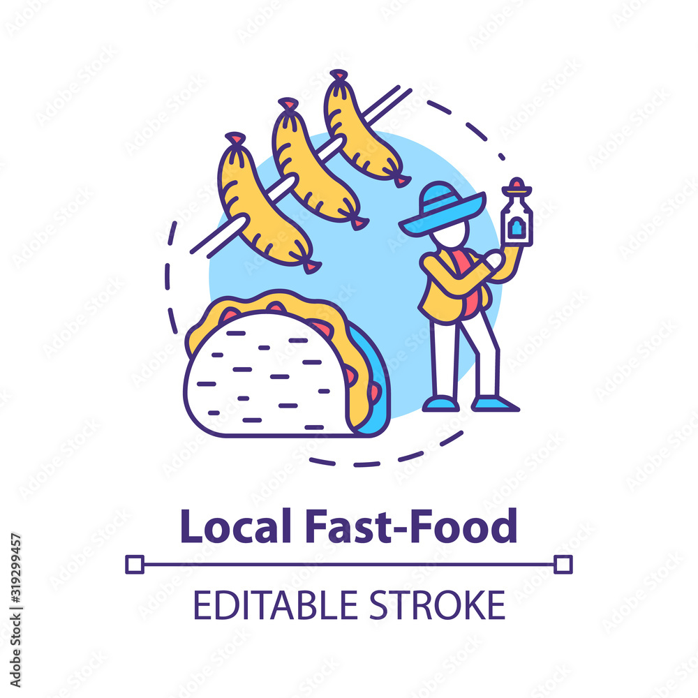 Obraz premium Local fast food concept icon. Indigenous cooking, affordable meal idea thin line illustration. Cost effective nutrition, eating on the go. Vector isolated outline RGB color drawing. Editable stroke