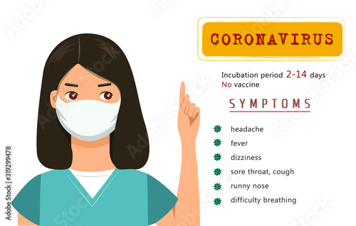 List of coronavirus symptoms with lady in mask. Vector illustration. 