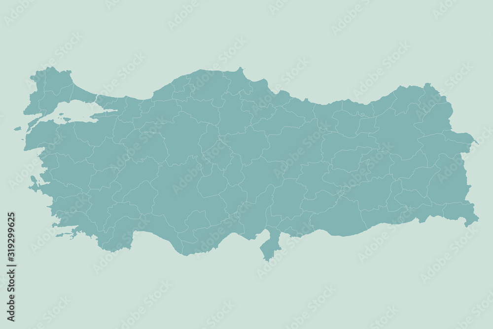 Turkey political map with provinces vector. Greenish blue background. Perfect backgrounds, backdrop, label, sticker, chart and wallpapers.