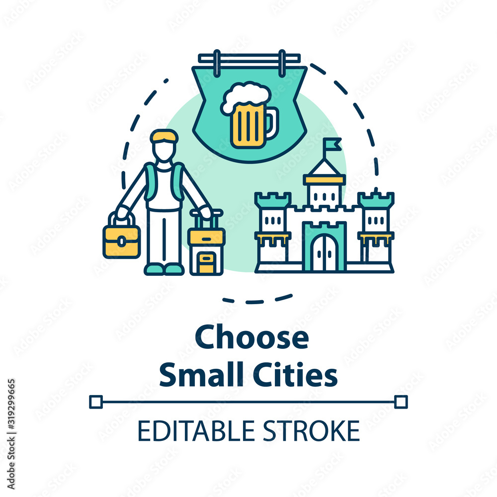 Choose small cities concept icon. Affordable travel, small towns visit idea thin line illustration. Indigenous culture experience. Vector isolated outline RGB color drawing. Editable stroke
