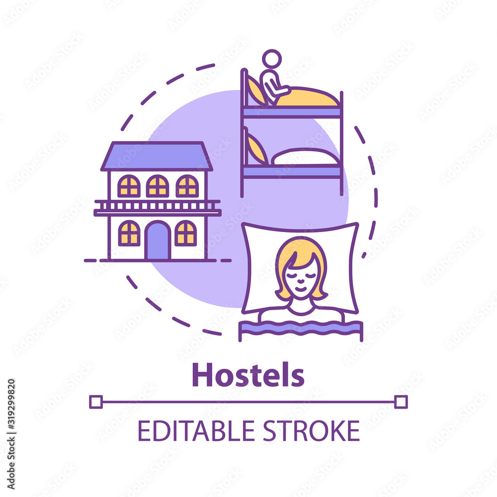Fototapeta premium Hostels concept icon. Affordable accommodation, budget travel idea thin line illustration. Cheap hotel, guesthouse lodging. Vector isolated outline RGB color drawing. Editable stroke