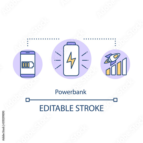 Powerbank concept icon. Convenient tourism, gadget battery charge boost idea thin line illustration. Portable recharging device. Vector isolated outline RGB color drawing. Editable stroke