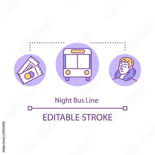 Night bus line concept icon. Comfortable transportation, cost effective tourism idea thin line illustration. Rest while travel. Vector isolated outline RGB color drawing. Editable stroke