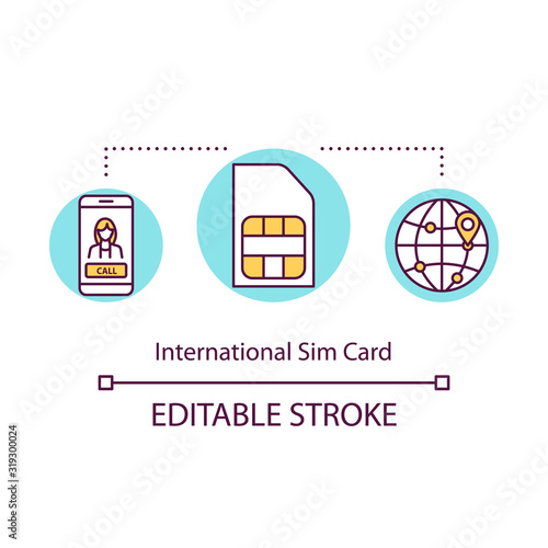 International sim card concept icon. Budget tourism, affordable travel idea thin line illustration. Saving money on roaming calls. Vector isolated outline RGB color drawing. Editable stroke