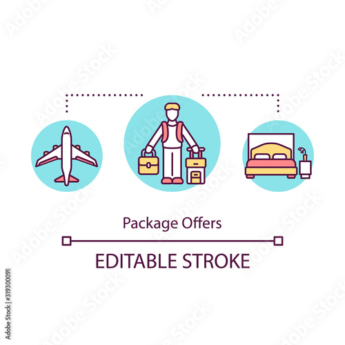 Package offers concept icon. Special tourist agency proposition, cost effective travel idea thin line illustration. All inclusive service. Vector isolated outline RGB color drawing. Editable stroke