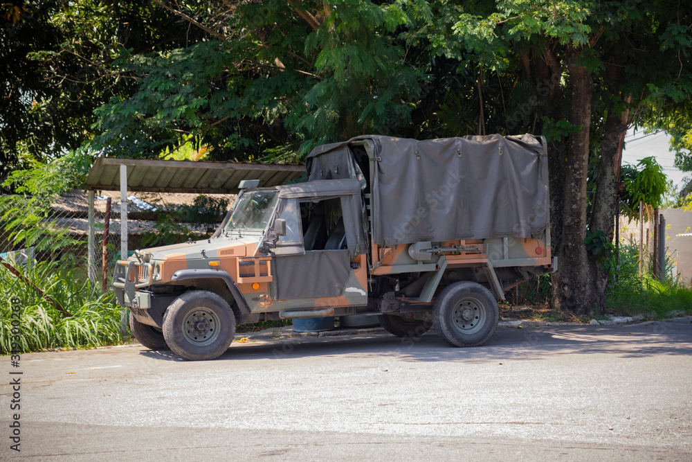 Camouflaged military vehicle parked and with vegetation in the background