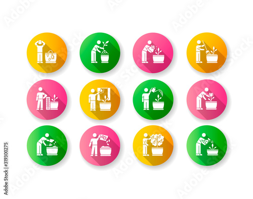 Houseplant care flat design long shadow glyph icons set. Indoor gardening steps. Plant cultivation. Repotting, fertilizing. Planting flower seeds. Watering, spraying. Silhouette RGB color illustration
