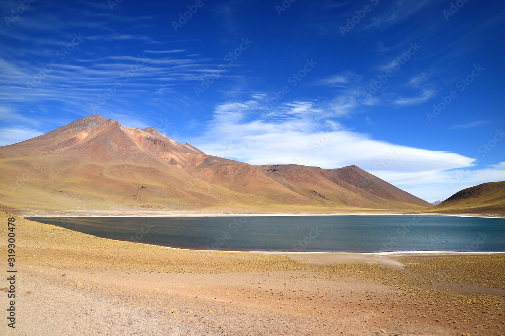 The Miniques lake with Cerro Miscanti volcano in the Backdrop at the highland of northern Chile