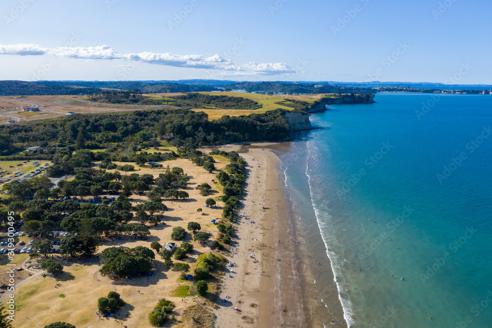 Aerial View of Long Bay, Beach, Park in Auckland, New Zealand Aerial View of Long Bay, Beach, Park in Auckland, New Zealand