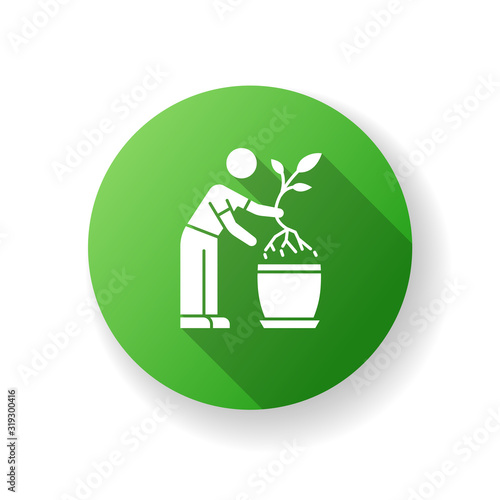 Replanting green flat design long shadow glyph icon. Houseplant caring. Transplanting, repotting. Plant growing. Potting plant, changing planter. Planting seedling. Silhouette RGB color illustration