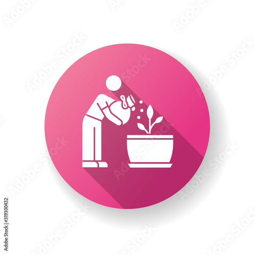 Fertilizing seedling pink flat design long shadow glyph icon. Feeding sapling. Houseplant care. Planting process. Indoor gardening. Growth supplements, amendments. Silhouette RGB color illustration